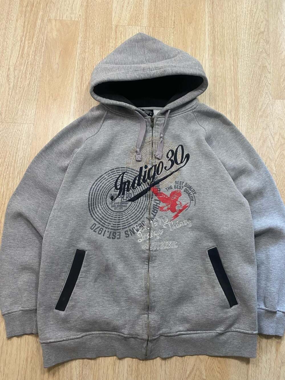 Indigo30 Clothing Vintage Gray Full Zip Hoodie Sweatshirt with Graphic Print